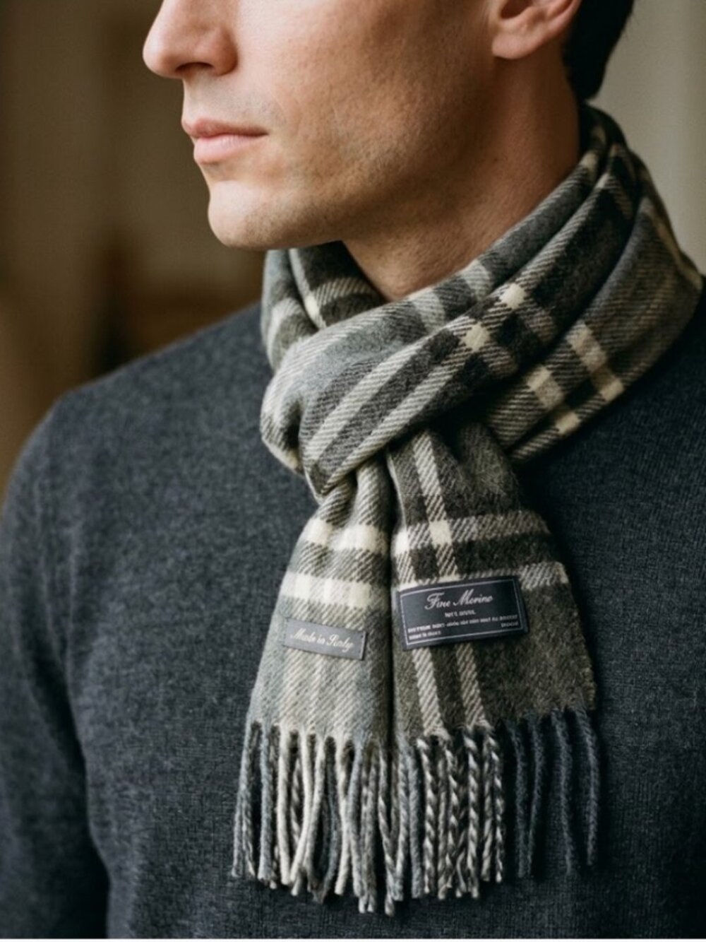 NWT NIB Men’s Fine Merino 100% Wool Green Plaid Scarf Made in Italy